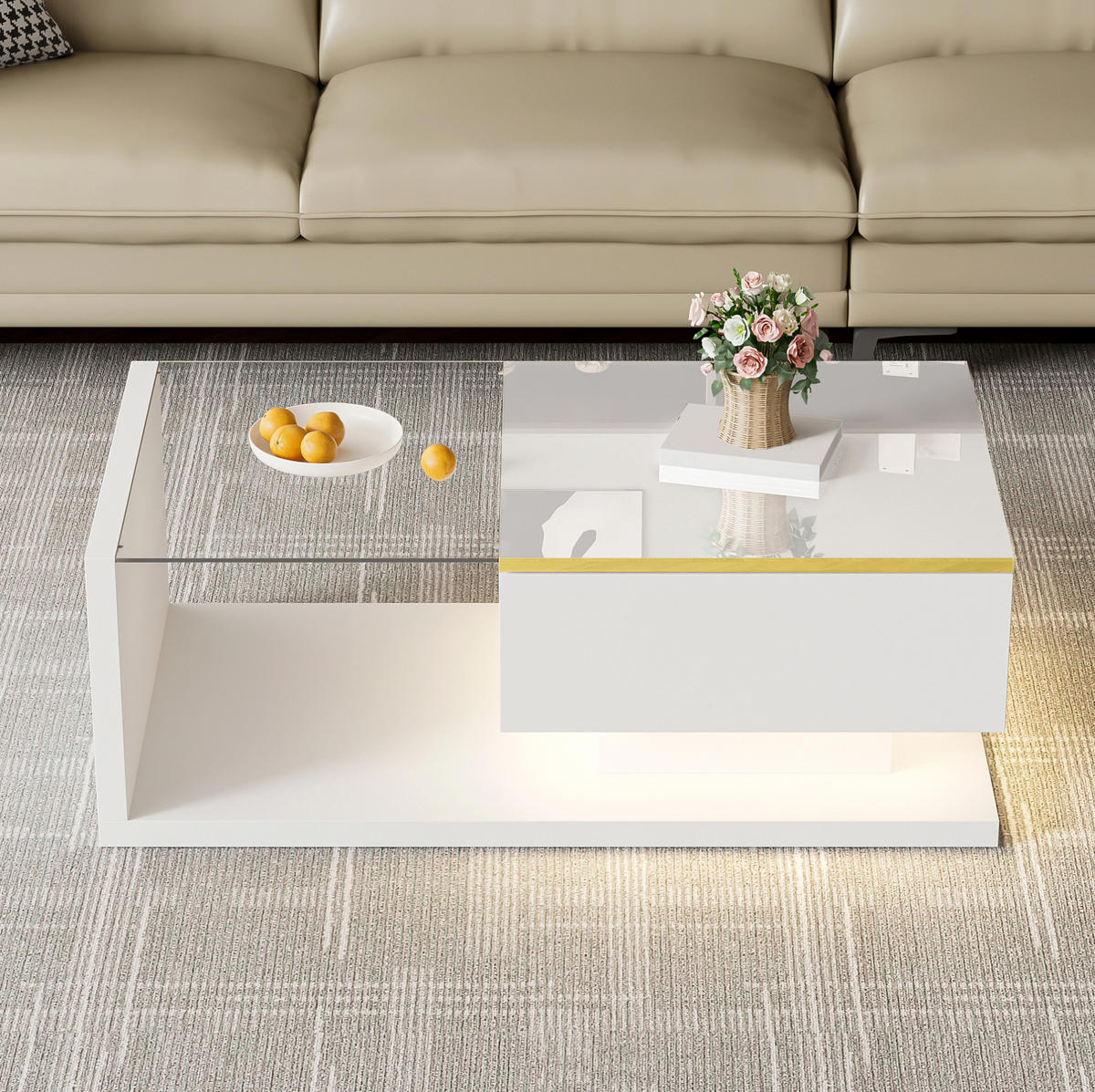 COUCHTISCH aus Spanplatte 90x50x32,5 cm Weiß mit Glasplatte, Stauraum und LED-Beleuchtung - Weiß, Holzwerkstoff (90/50/32.5cm) - IVMEU