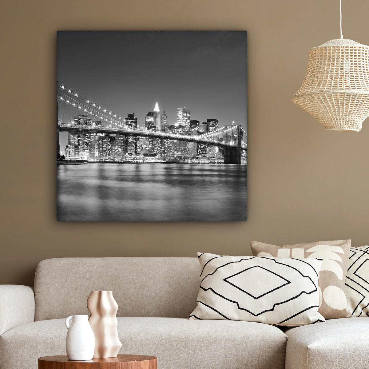 LEINWANDBILD - New York - Brücke - Brooklyn - Schwarz und weiß - Architektur - 90x90 - Gemälde - Schwarz, Textil (90/90cm) - MuchoWow
