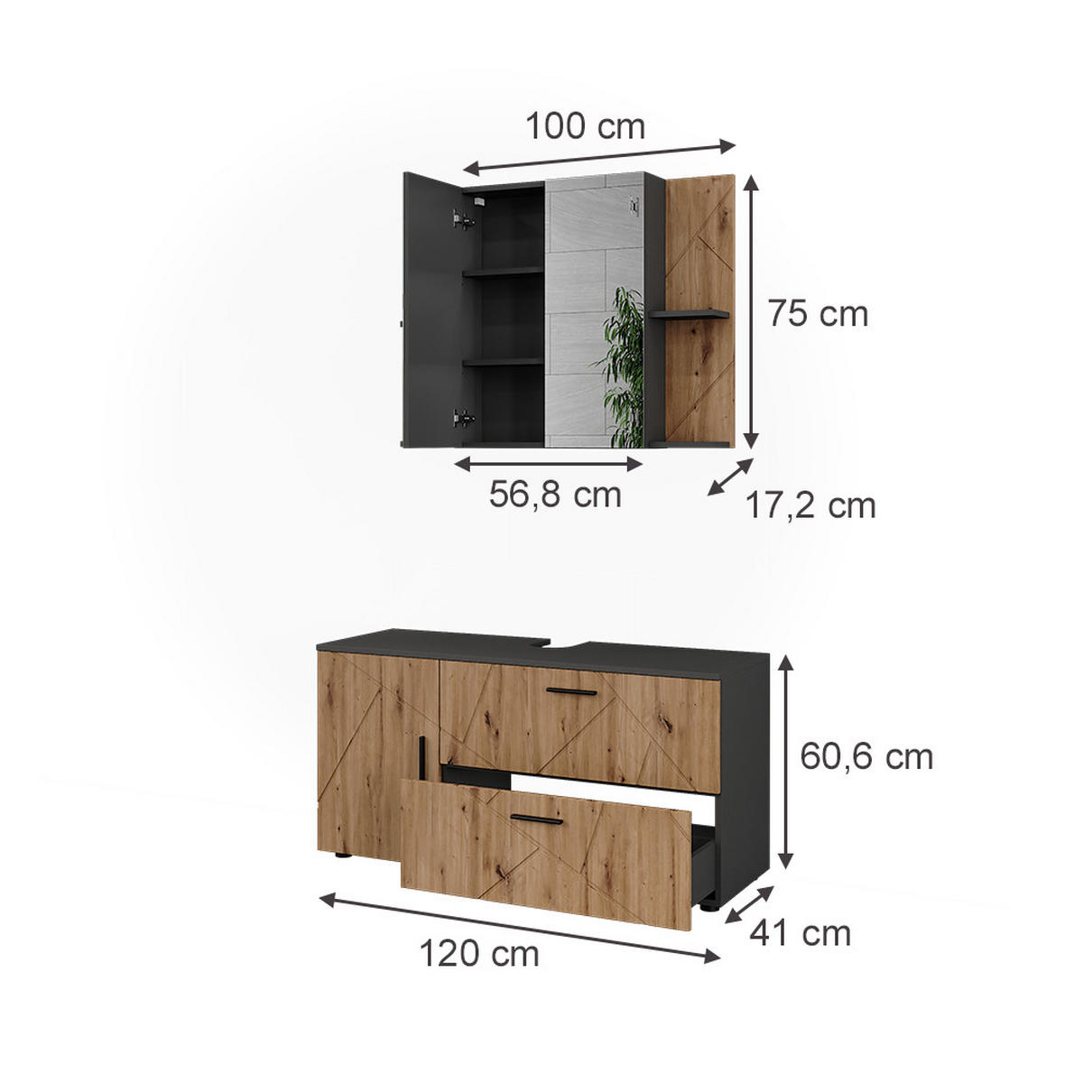 SADA KOUPELNOVÉHO NÁBYTKU Irma Antracit/Artisan - antracitová/dub artisan, kompozitní dřevo (120.1/60.6/41cm) - Vicco