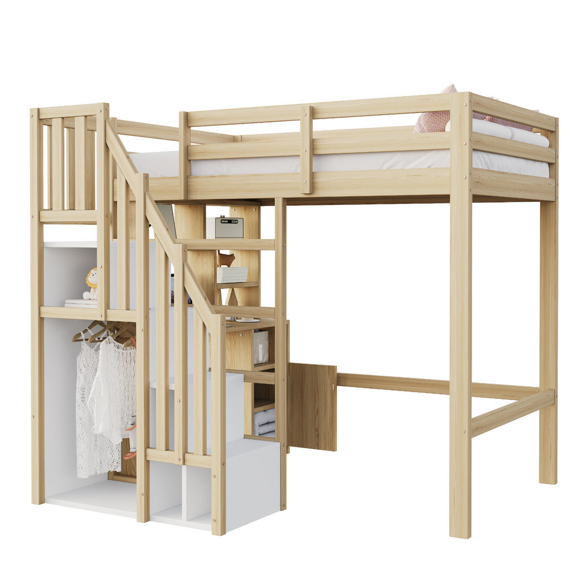 HOCHBETT aus Holz 90x200 cm Naturfarbe mit Schreibtisch, Regalen, Schränken und Treppe mit Stauraum - Naturfarben, Holzwerkstoff (140/200cm) - Modfu
