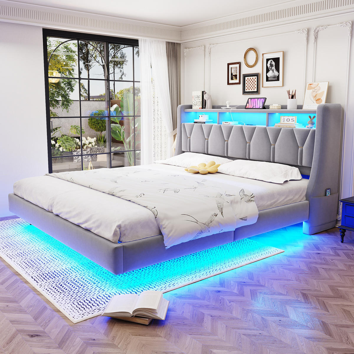 POLSTERBETT 180/200 cm mit LED, USB-/Typ-C-Anschluss, Stauraum-Kopfteil und Samtbezug, Hellgrau - Grau, Textil (180/200cm) - Redom