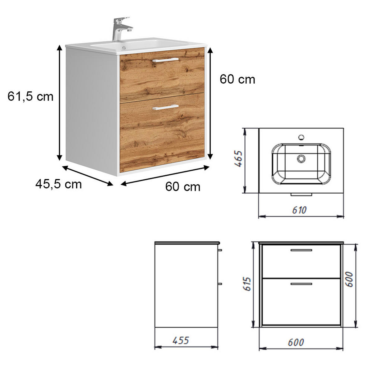 WASCHBECKENUNTERSCHRANK Lanco Weiß/Goldkraft Eiche 61 x 61.5 cm mit Waschbecken - Honigeiche/Weiß, Holzwerkstoff (61/61.5/46.5cm) - Vicco