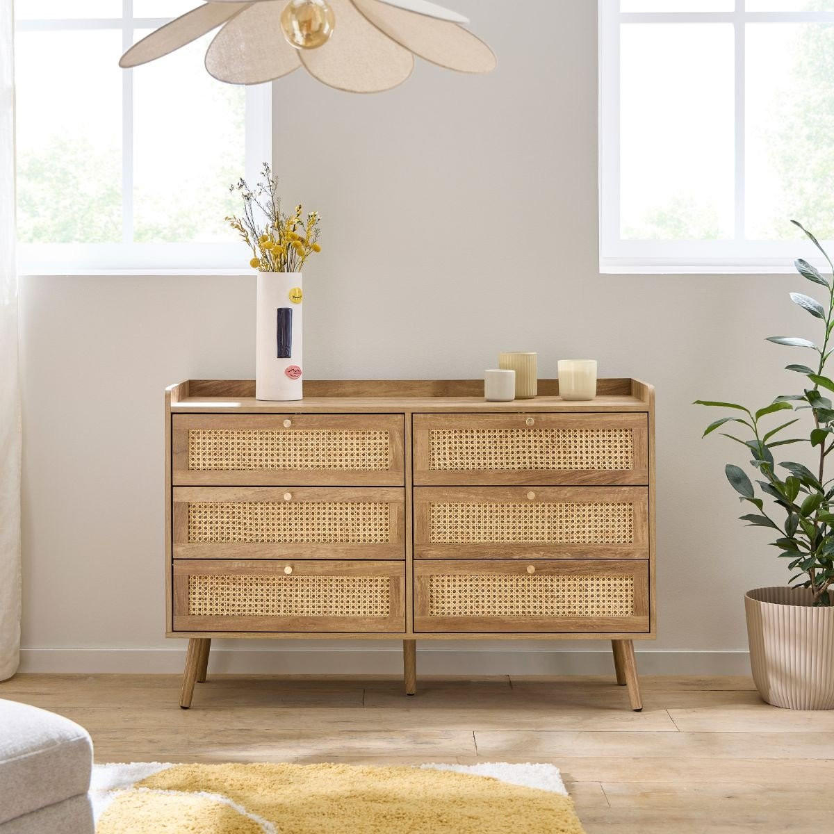 KOMMODE mit 6 schubladen mit fronten aus natürlichem rattan - PALMO 120/39/79 cm - Apfelbaumfarben, Holzwerkstoff (39/79/120cm) - Calicosy