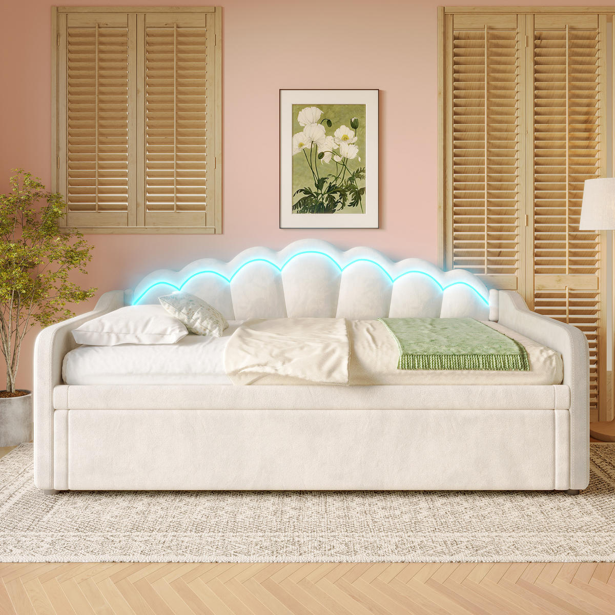 TAGESBETT 90/200 cm Beige mit ausziehbarem Bett und LED-Beleuchtung - Beige, Textil (90/200cm) - OKWISH