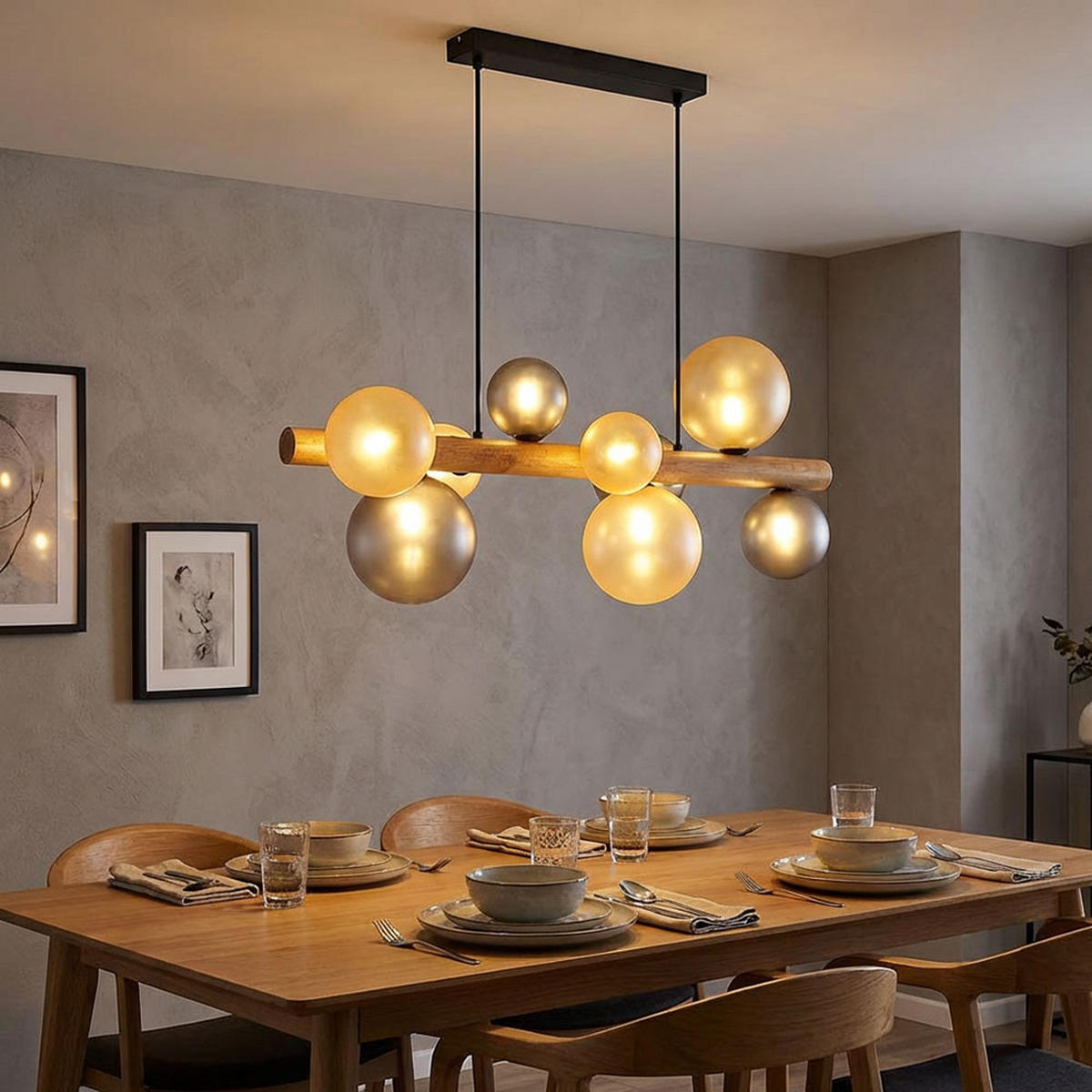 HÄNGELEUCHTE RIHA Metall, braun, 9-flammig - Braun, Holz (78/29/150cm) - Globo Lighting