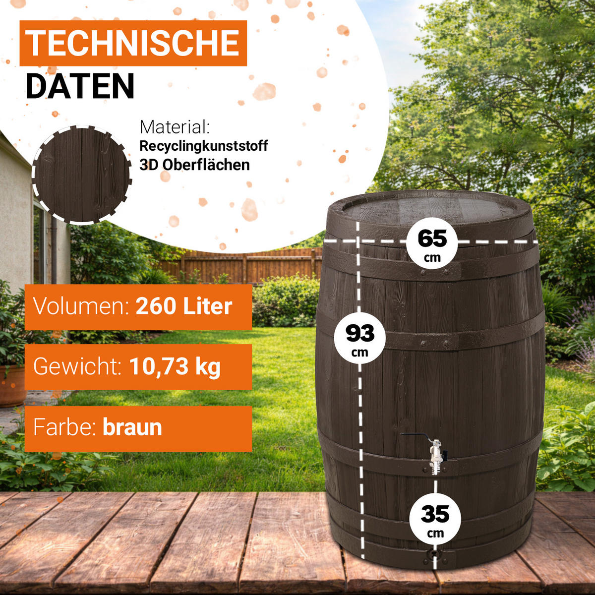 REGENTONNE Komplett-Set 260 L, braun inkl. Chrom-Doppelauslaufhahn und Fallrohranschluss - Braun, Kunststoff (65/93/66cm) - GARANTIA