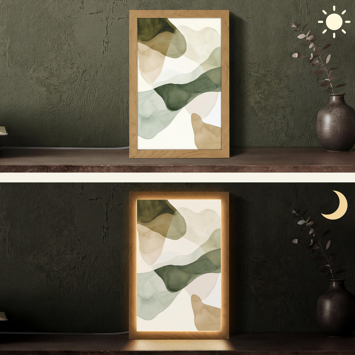 TISCHLEUCHTE Japandi - Abstrakt - Grün 20x30 cm - Buchefarben, Holzwerkstoff (8/20/30cm) - OnlyWow