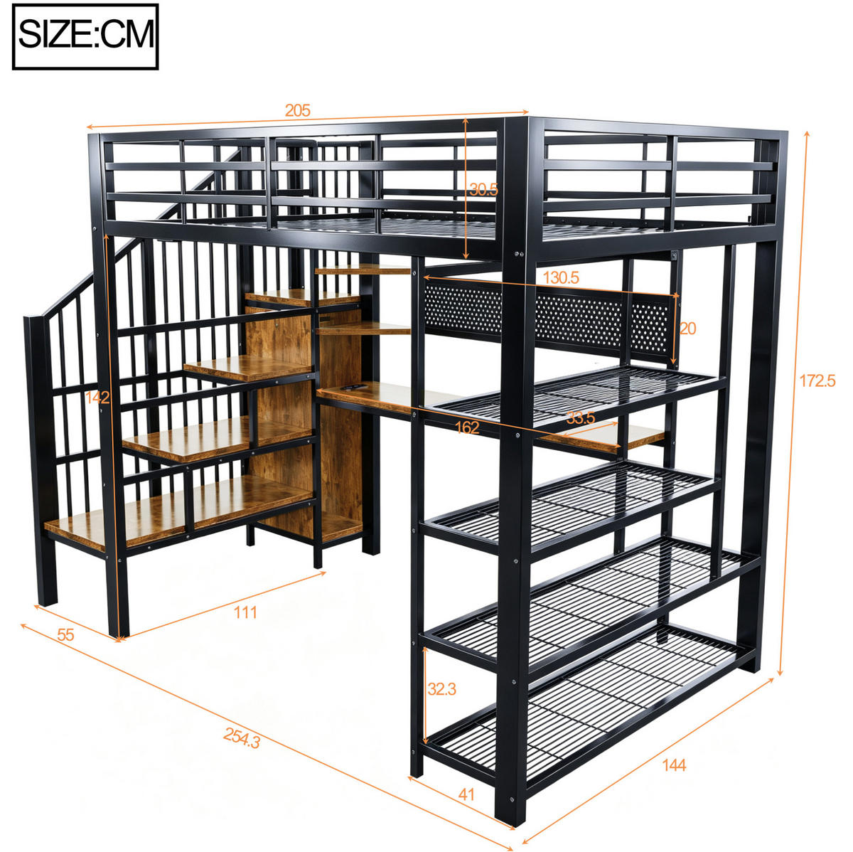 HOCHBETT 140/200 cm aus Metall und Holzwerkstoffen mit Treppe, Schreibtisch, Regal und LED Schwarz - Schwarz, Metall (140/200cm) - Modenvie