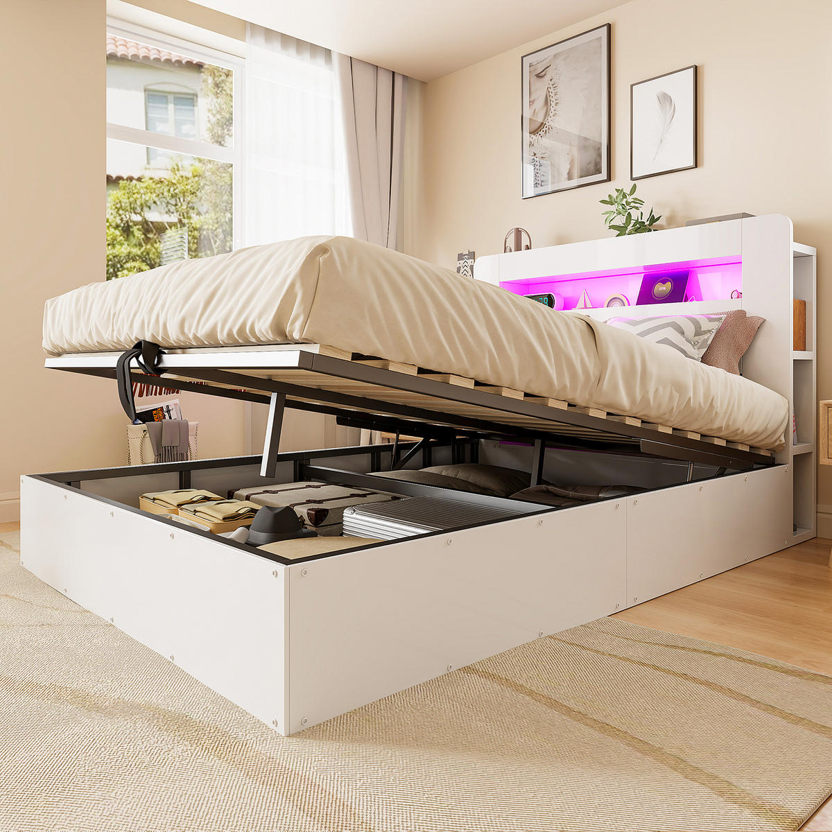BETT 140/200 cm in Weiß mit Bettkasten, LED, Steckdosen und Kopfteilfächern - Weiß, Holz/Holzwerkstoff (140/200cm) - WISHDOR