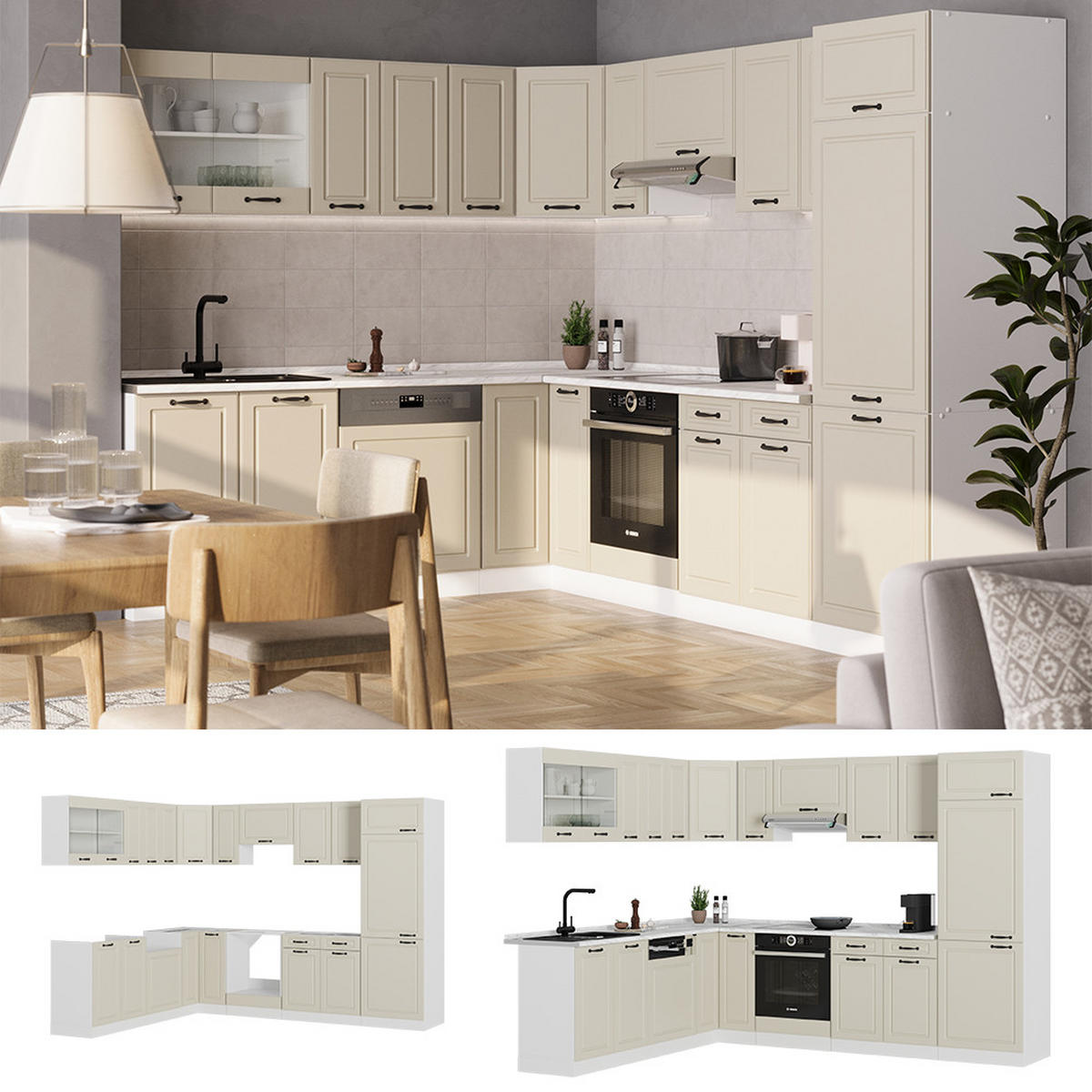 ECKKÜCHE R-Line, Sand Landhaus/Weiß, 287 x 227 cm - Beige/Weiß, Holzwerkstoff (287/206.8/60cm) - Vicco