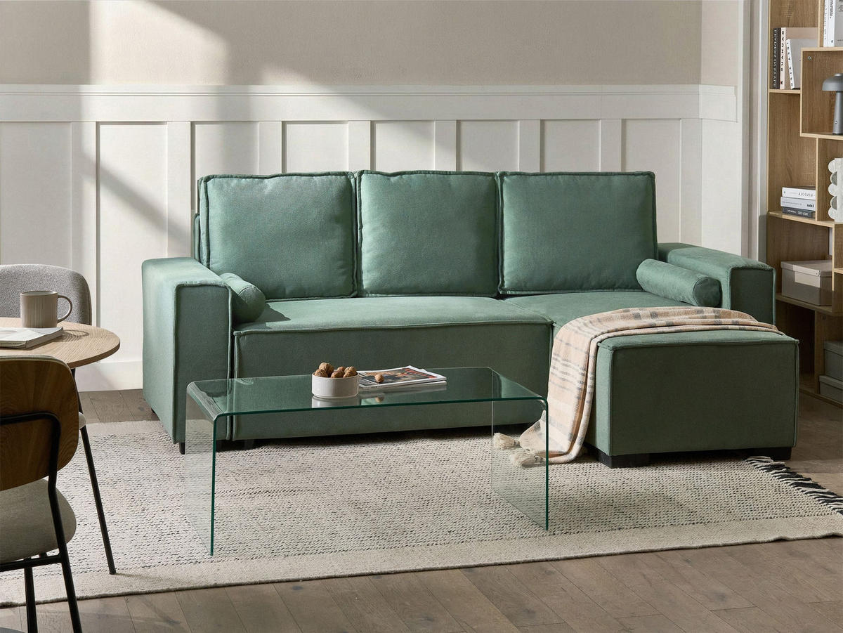 ROZKLÁDACÍ ROHOVÁ POHOVKA 3-místná Látka Světle zelená s úložným prostorem levostranná Edane - světle zelená, textil (232/150cm) - Beliani