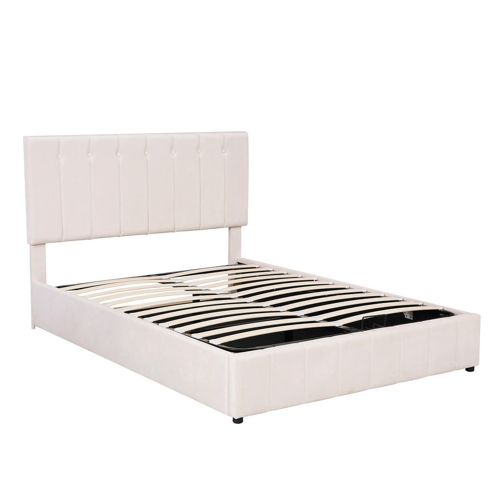 OKWISH ČALOUNĚNÁ postel 140/200 cm krémově bílá z sametu s úložným prostorem a hydraulickým zdvihem