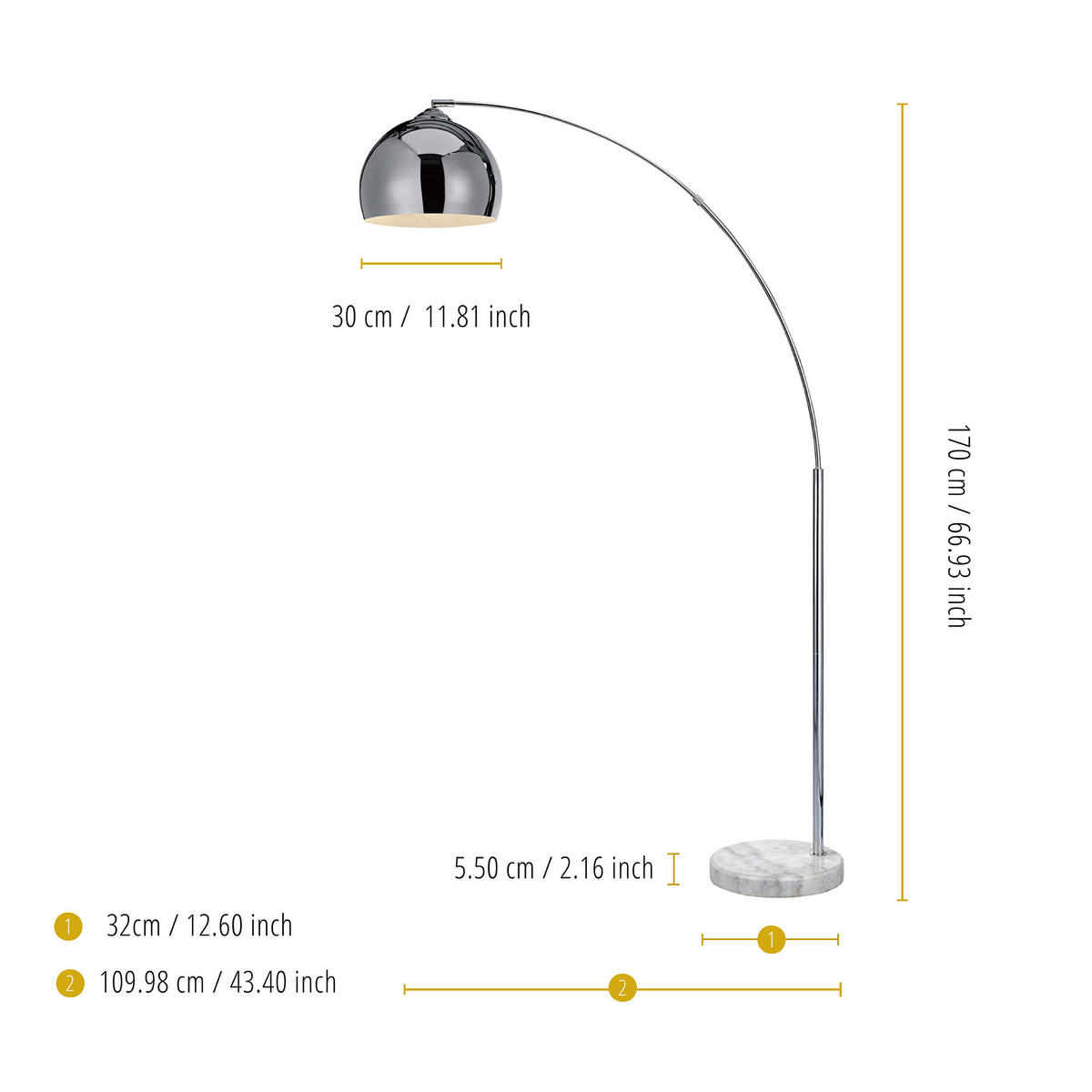 BOGENLEUCHTE Silber mit Marmor Fuss, Chrom, 170cm - Silberfarben, Metall (170/30/170cm) - Teamson Home
