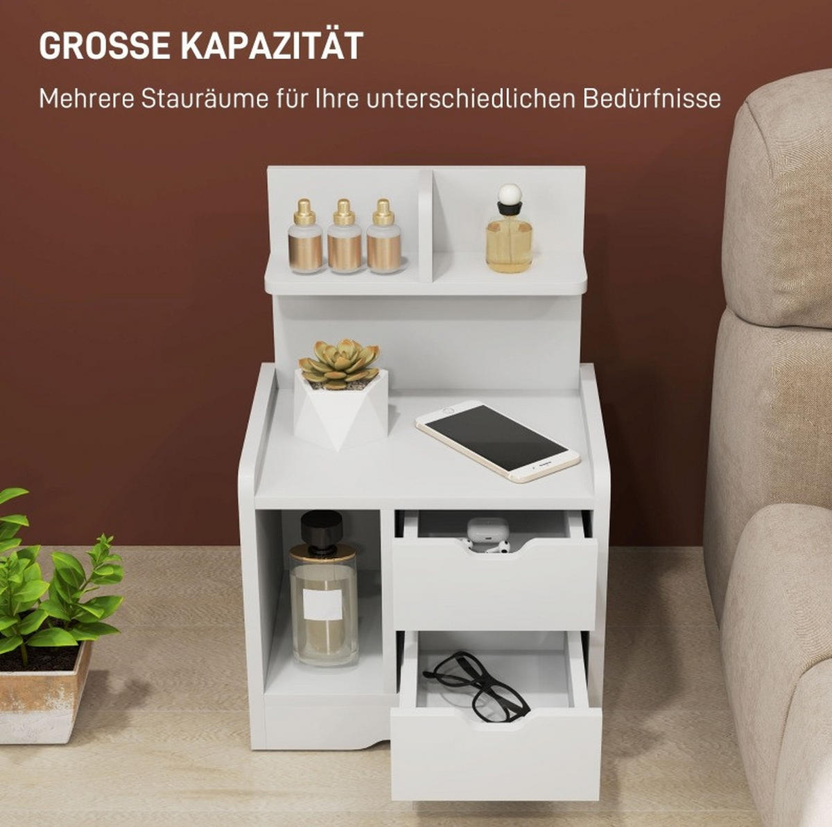 NACHTTISCH 40/30/60 cm in Weiß mit 2 Schubladen und offener Ablage - Weiß, Holz (30/60/40cm) - Flora Grace