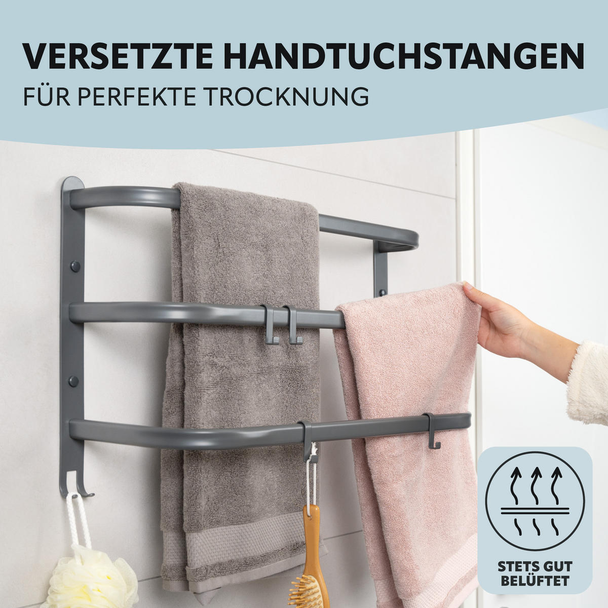 WAND-HANDTUCHHALTER 3 Stangen - Grau, Metall (67.5/40/23cm) - bremermann