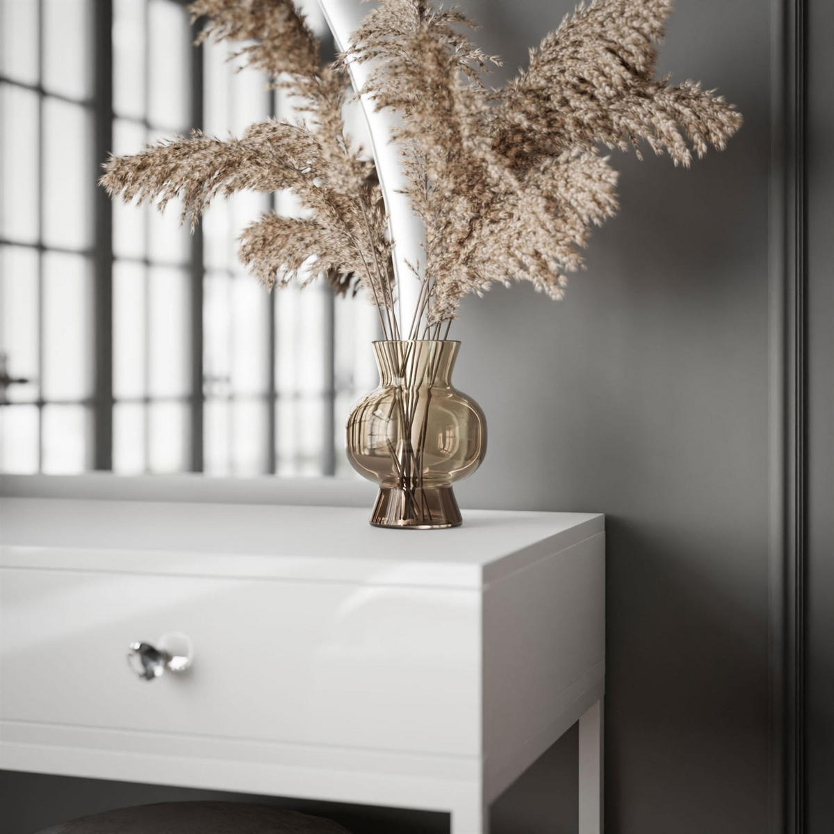 SCHMINKTISCH weiß QUINNIE mit LED-Spiegel rechts Griff Kristall - Weiß Hochglanz/Weiß, Holzwerkstoff (100/176/42cm) - Lookway