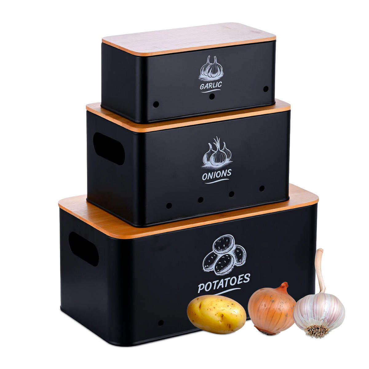 3XAUFBEWAHRUNGSBOX - Schwarz, Holz/Metall - Relaxdays