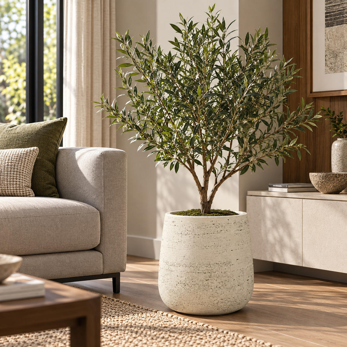 BLUMENTOPF groß & rund mit Ablaufloch, Ø 37 × H 35 cm, Creme - Weiß, Naturmaterialien (36cm) - Hometopia
