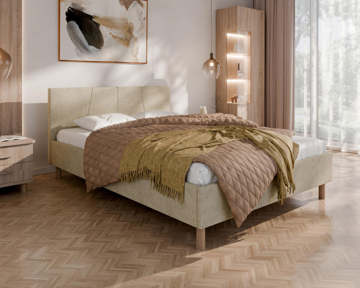 POLSTERBETT ALMORE 140x200cm, 7-Zonen-Taschenfederkernmatratze mit Kokos ARLAN (21 cm), beige - Beige, Holz (140/200cm) - Homesy