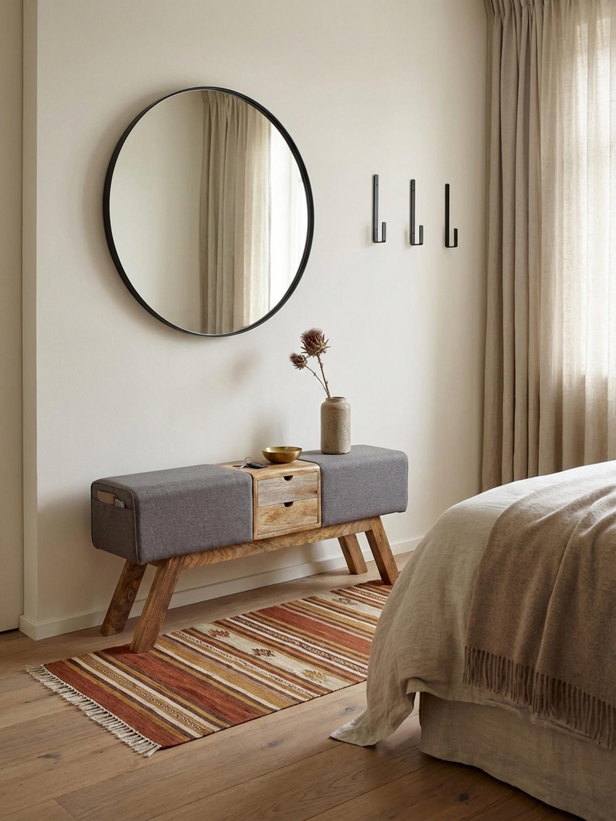 SITZBANK Massivholz Stoffbezug mit 2 Schubladen, Grau 120x30x56 cm - Braun/Grau, Mangoholz/Textil (120/56/30cm) - KADIMA DESIGN