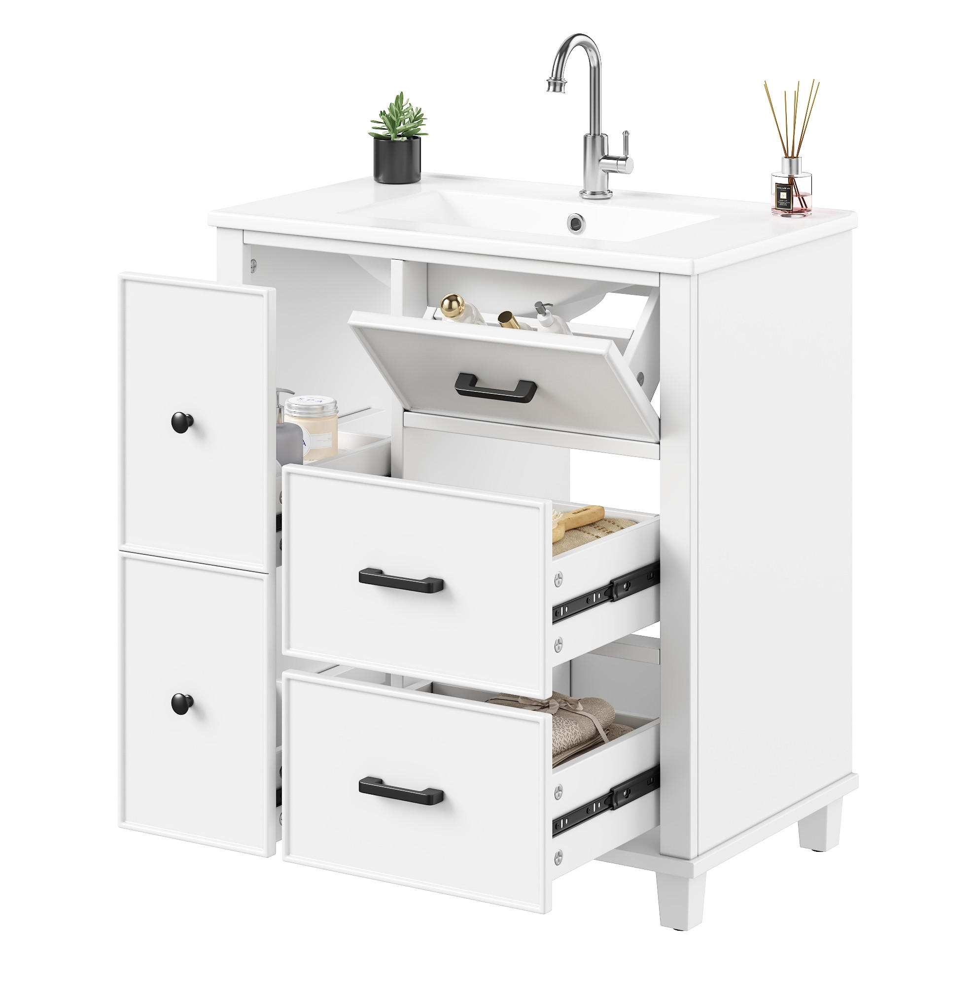 WASCHTISCH aus MDF und Keramik 76,5x47x83,5 cm Weiß mit 4 Schubladen und Klappschublade, integriertes Becken - Weiß, Keramik (76.5/83.5/47cm) - Modfu