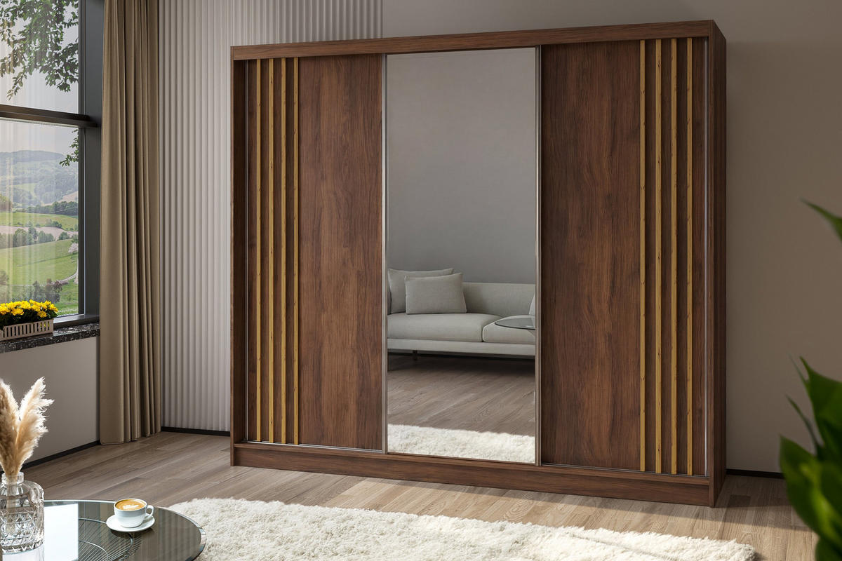 SCHWEBETÜRENSCHRANK NELVIA 240/216/61 cm Modern Kleiderschrank 3-türig mit Spiegel Nussbaumfarben - Nussbaumfarben, Holzwerkstoff (240/216/61cm) - MASSENO