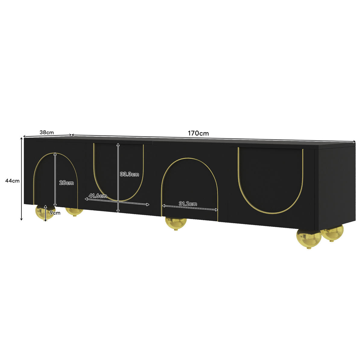 TV-LOWBOARD in Schwarz/Gold mit 4 Türen und Push-to-Open 170/38/44 cm - Schwarz, Holzwerkstoff (170/44/38cm) - Redom