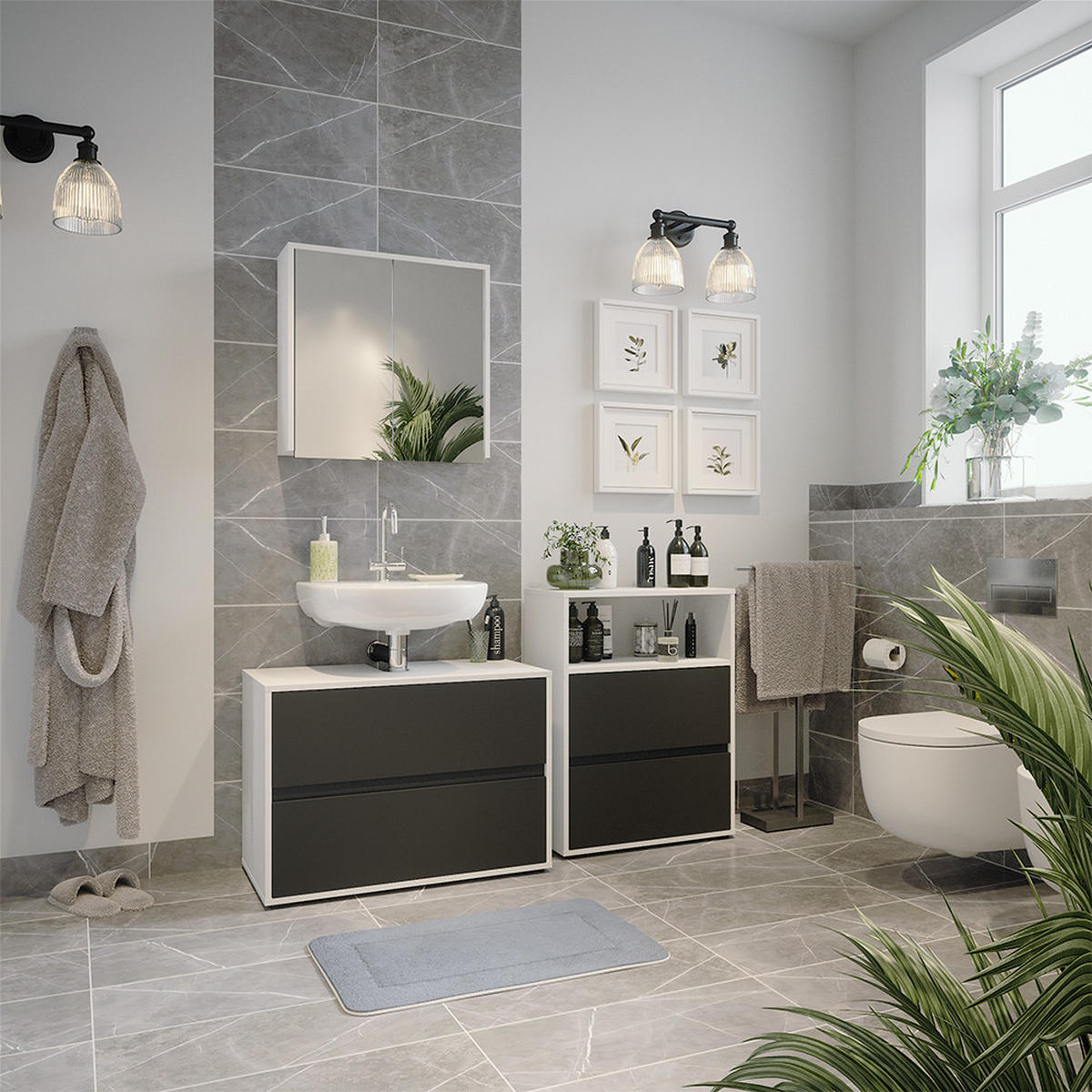 BADEZIMMER-SET Maltin Weiß/Anthrazit 3 Teile - Anthrazit/Weiß, Holzwerkstoff (80/58/40cm) - Vicco
