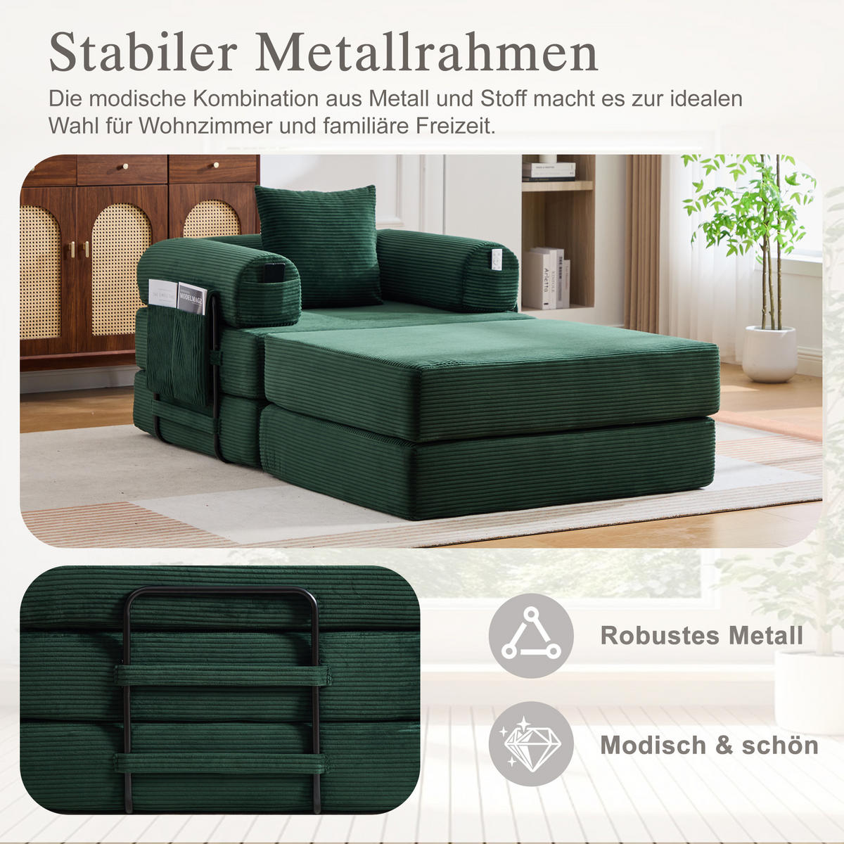 SOFA Cord Smaragdgrün mit Hocker und Kissen - Smaragdgrün, Textil/Metall (112/67/190cm) - WISHDOR