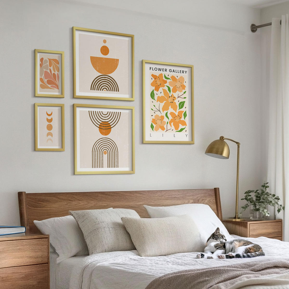BILDER SET 5er Set - 50x50 cm & 20x30 cm & 40x60 cm Goldrahmen - Abstrakte orange Formen - Goldfarben, Kunststoff (40/60cm) - TULUP