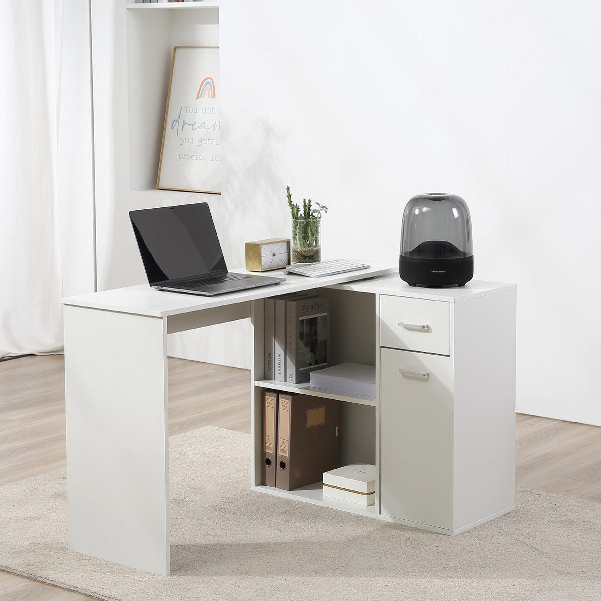 ECKSCHREIBTISCH Weiß drehbar mit Schublade und Schrank 117/82/74 cm - Weiß, Holzwerkstoff (82/117/74cm) - PANGIVO