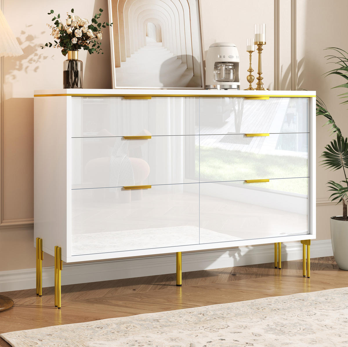 SIDEBOARD 120/40/85,5 cm weiß aus Spanplatte mit 6 Schubladen - Weiß, Holzwerkstoff (120/85.5/40cm) - OKWISH