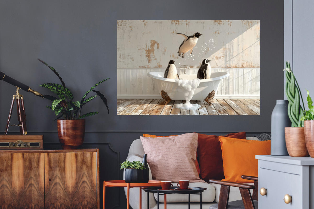 WANDTATTOO Vintage - Pinguin - Badewanne - Schaumstoff 120x80 cm - Schwarz, Kunststoff (120/80/0.1cm) - MuchoWow