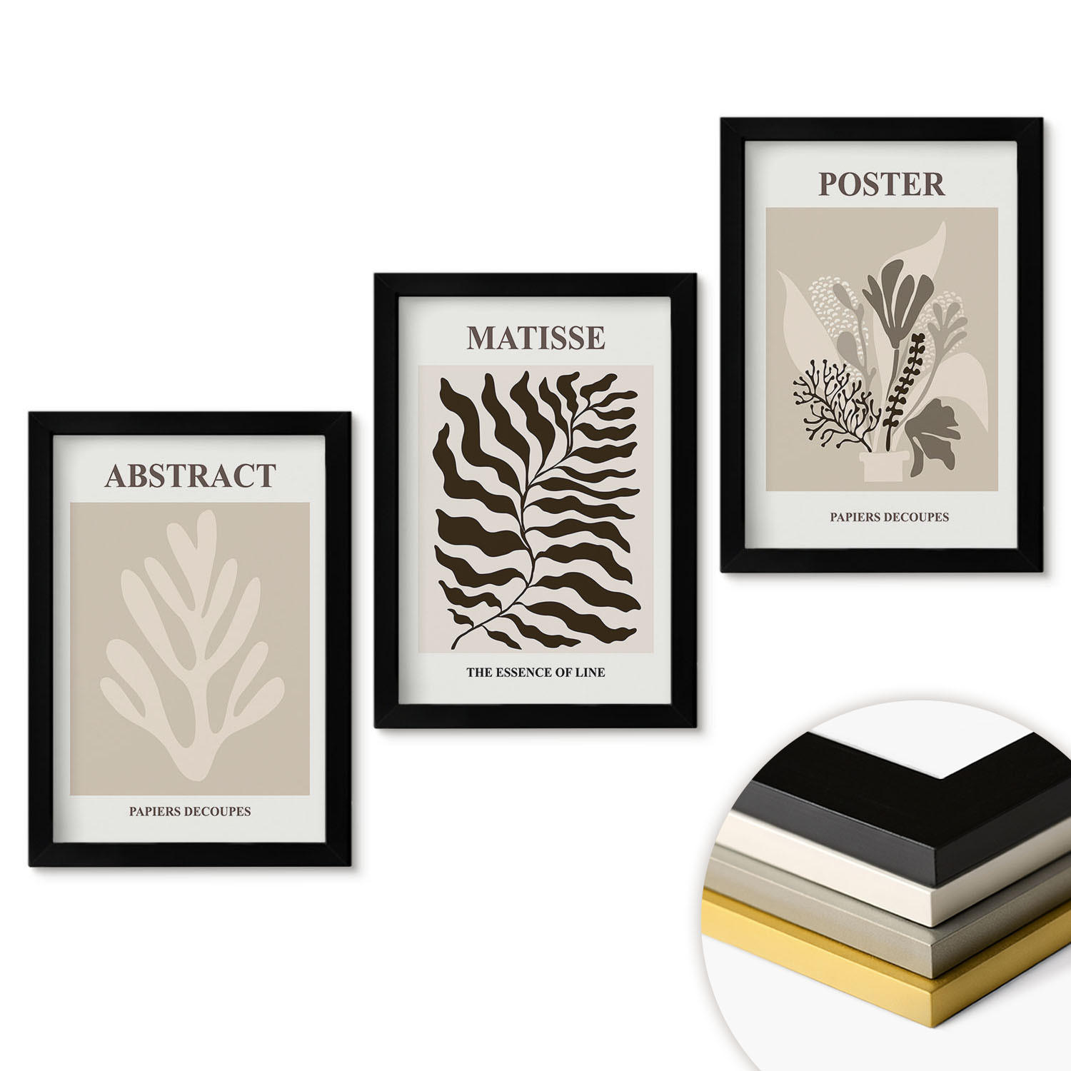 WANDBILDER 3er-Set - 20x30 cm Schwarzer Rahmen - Beige-braune Pflanzenmuster - Schwarz, Kunststoff (20/30cm) - ArtPrintCave