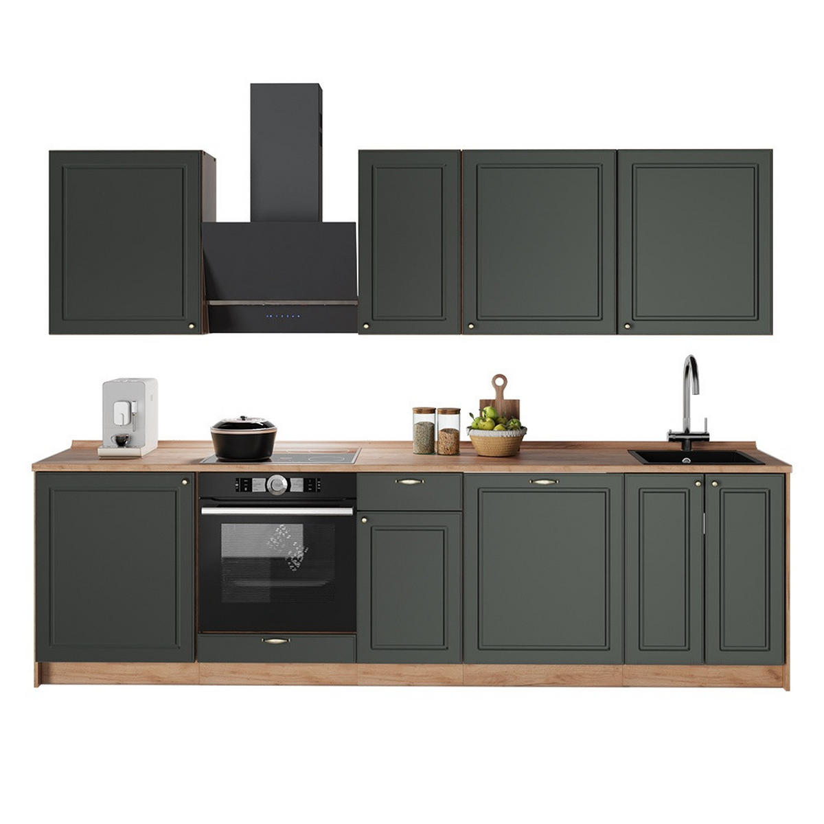 KÜCHENZEILE Fame-Line, Grün-Gold Landhaus/Goldkraft Eiche, 280 cm, AP Eiche - Honigeiche/Grün, Holzwerkstoff (280/206.8/60cm) - Vicco