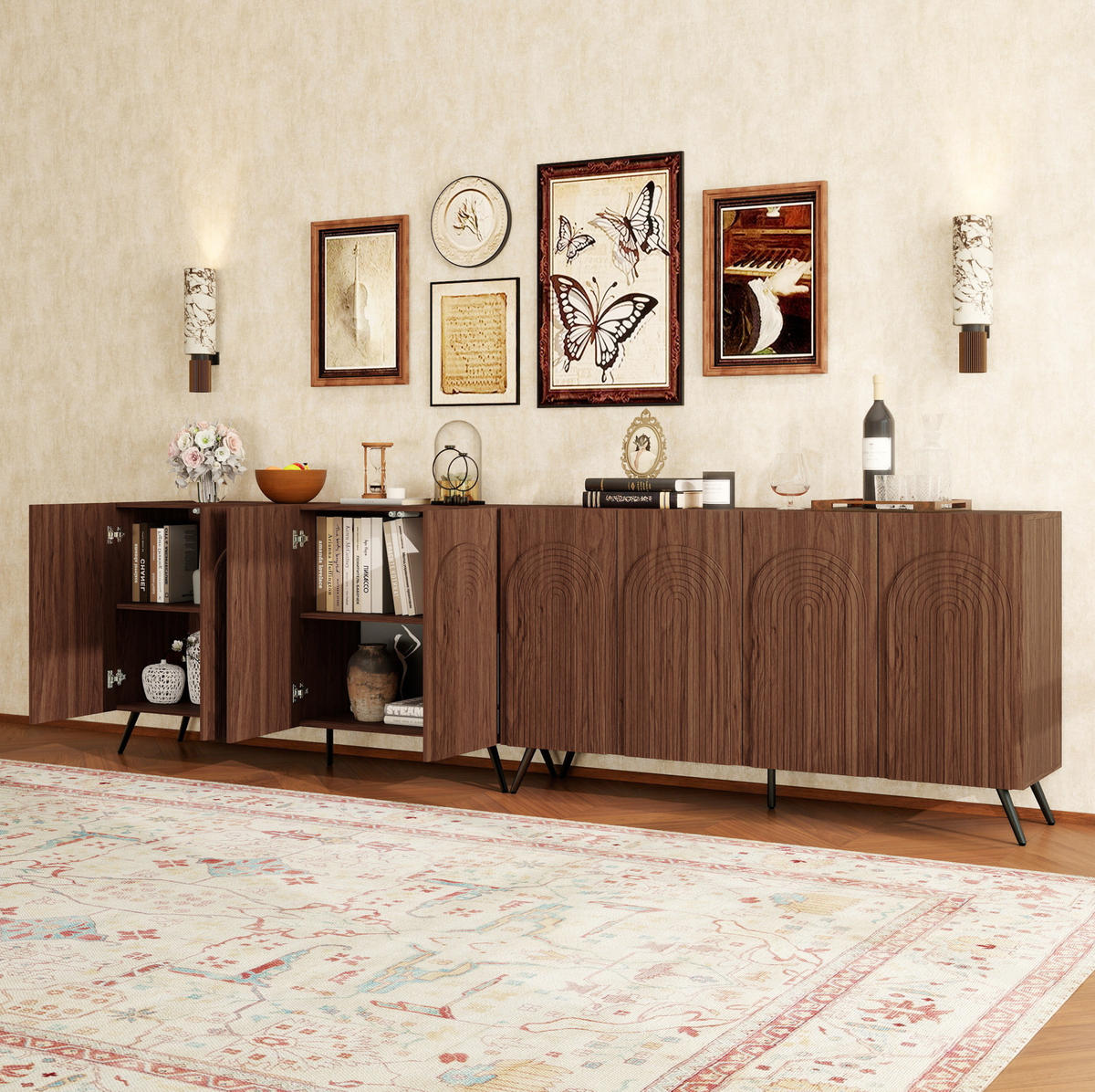 SIDEBOARD mit 4 Türen in Walnuss-Optik – Mid-Century-Design mit 3D-Rillen - Walnussfarben, Holzwerkstoff (150/83/38cm) - BEAOK