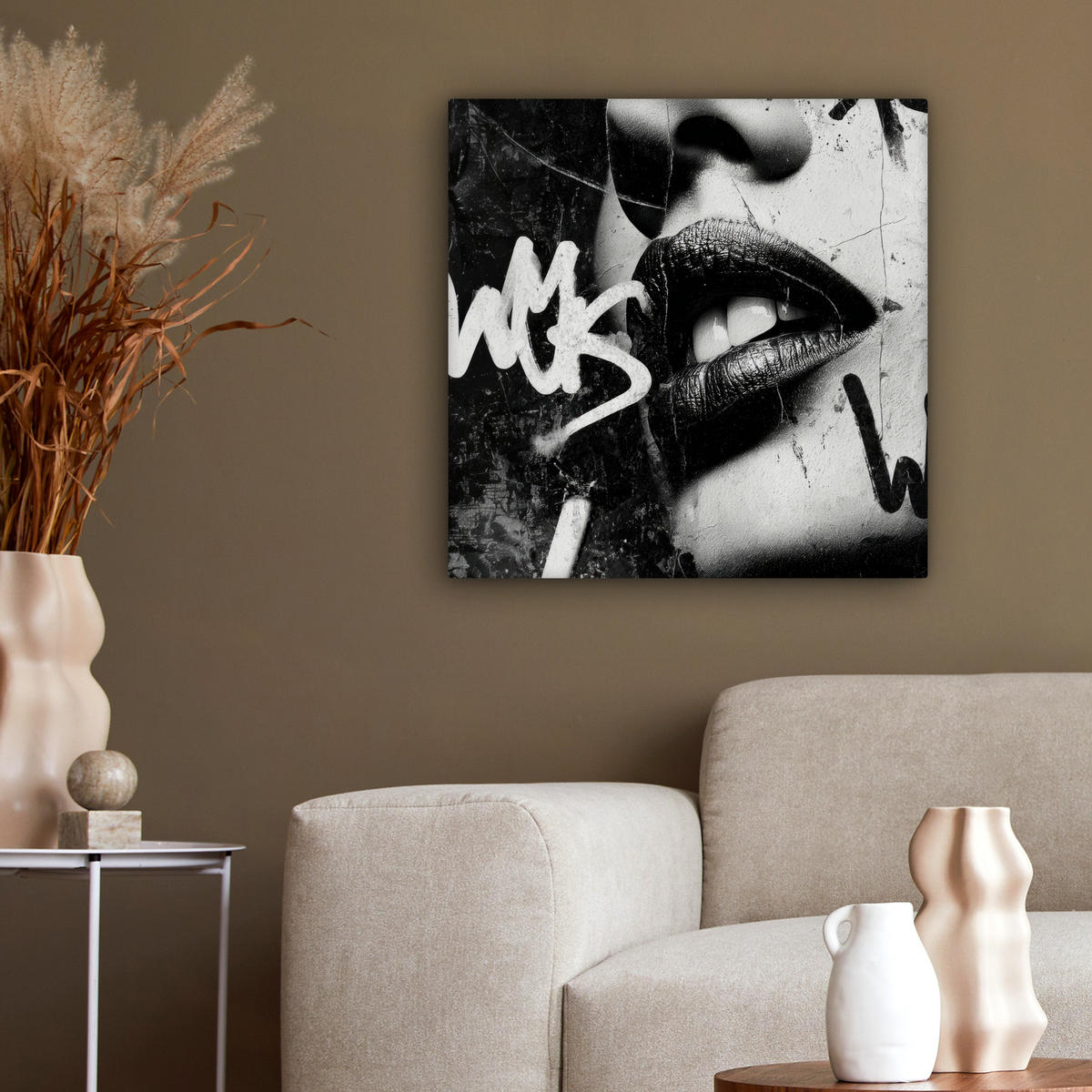 LEINWANDBILD Gesicht - Mund - Graffiti - Schwarz Wandbild Wohnzimmer 50x50 cm - Schwarz, Textil (50/50cm) - MuchoWow