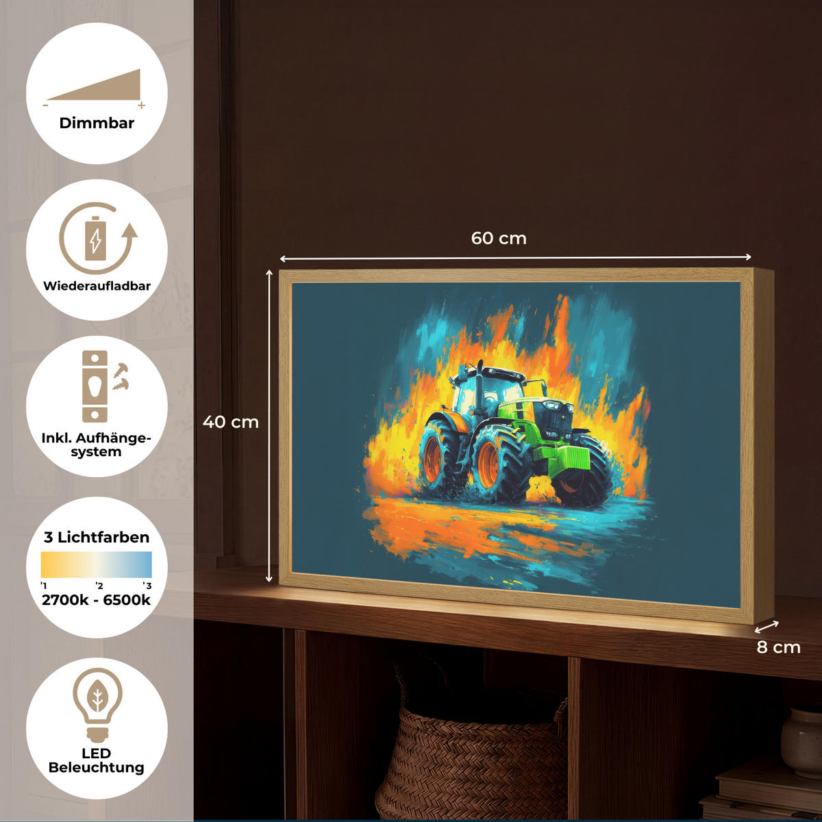 DOBÍJECÍ NOČNÍ LAMPIČKA Abstrakt - Traktor - Zelený 60x40 cm - tmavě modrá, kompozitní dřevo (8/60/40cm) - OnlyWow