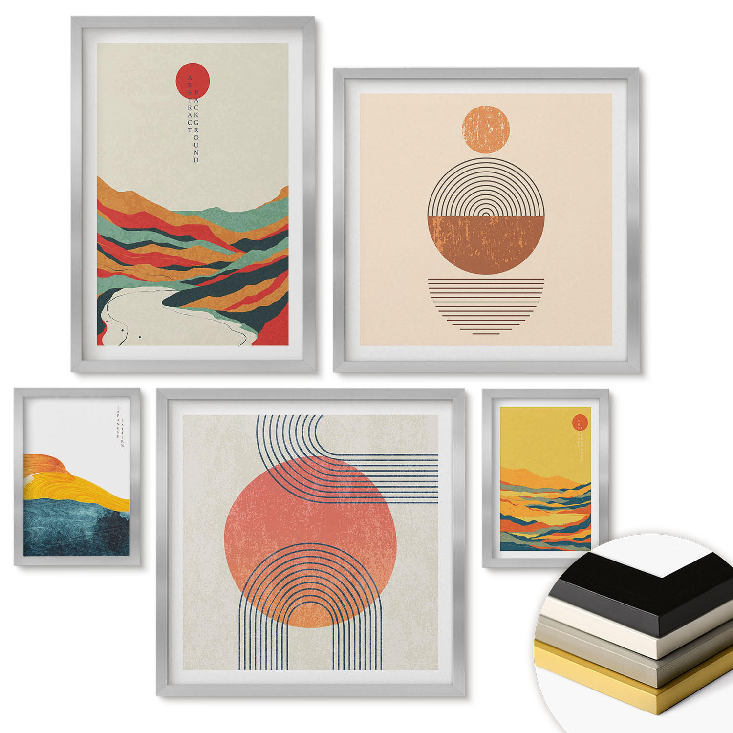 WANDBILDER 5er Set - 50x50 cm & 20x30 cm & 40x60 cm Silberner Rahmen - Abstrakte Berglandschaften - Silberfarben, Kunststoff (40/60cm) - ArtPrintCave