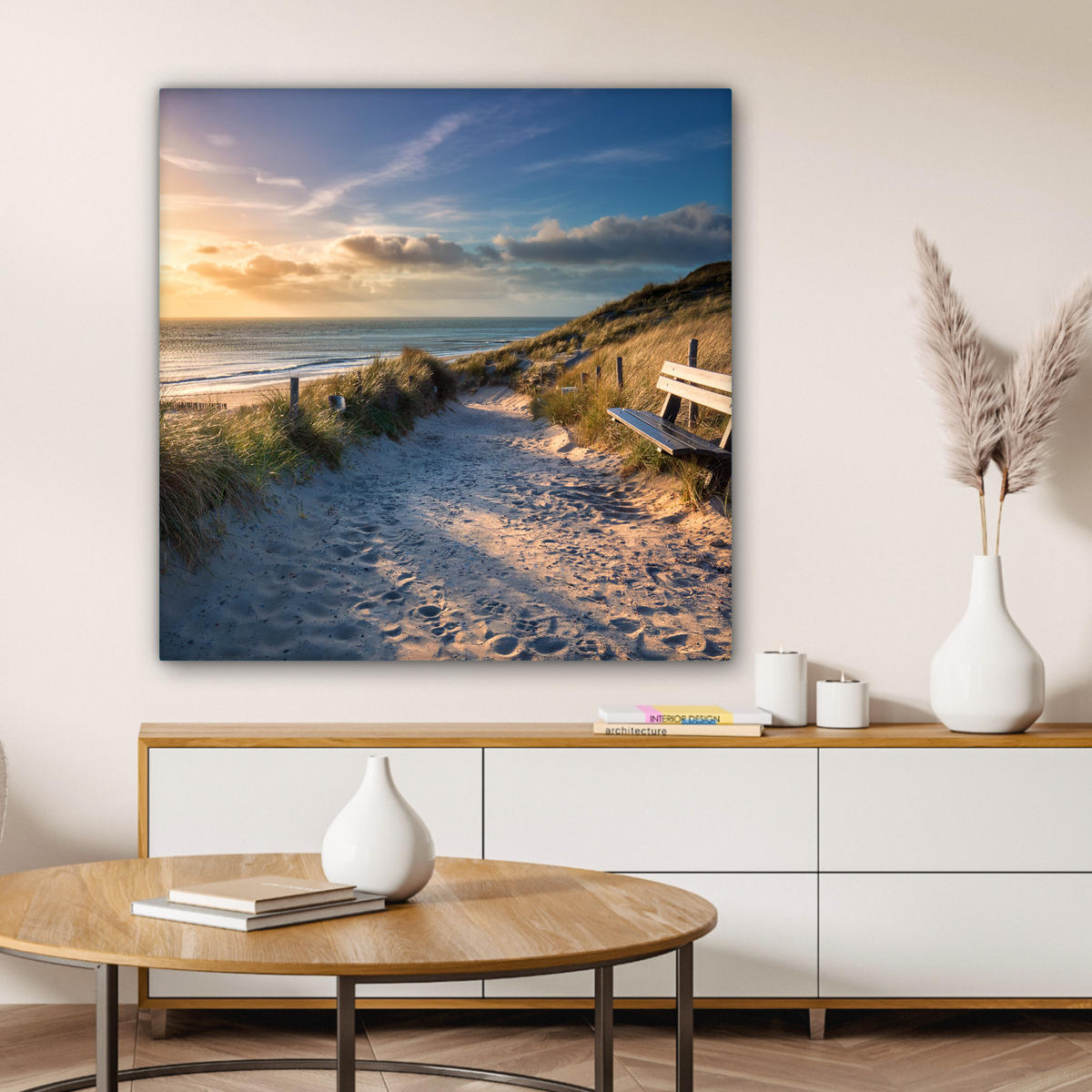 LEINWANDBILD - Sonnenuntergang - Strand - Düne - Gras - Ufer - 90x90 - Gemälde - Sandfarben, Textil (90/90cm) - MuchoWow