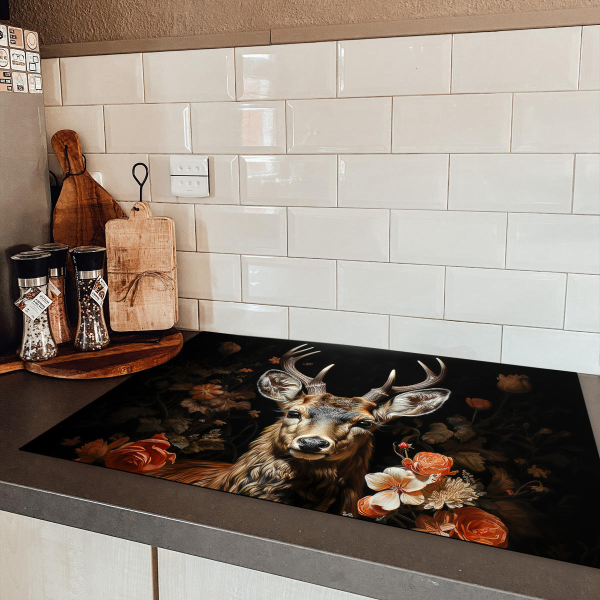 HERDABDECKPLATTE Hirsch - Tier - Blumen - Natur - Botanisch 81x52 cm - Kupferfarben, Kunststoff (81.2/52/0.2cm) - MuchoWow