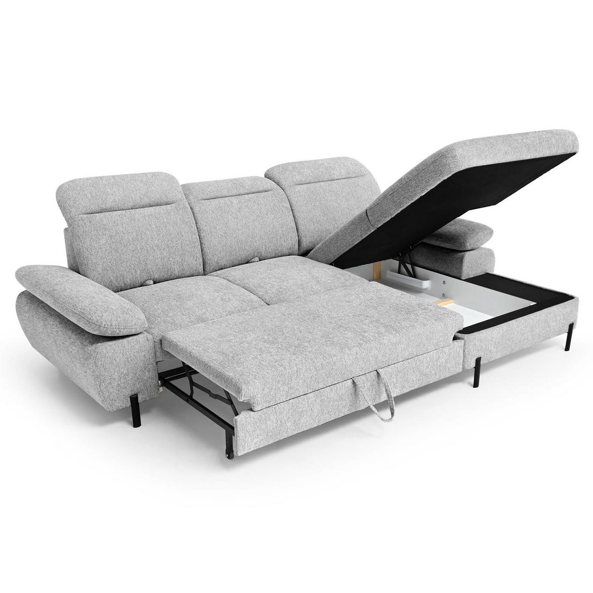 ECKSCHLAFSOFA Sora Mini mit verstellbaren Kopfstützen und Schlaffunktion, Chenille-Stoff, Hellgrau, Rechts - Hellgrau/Schwarz, Textil (190/285cm) - Beautysofa