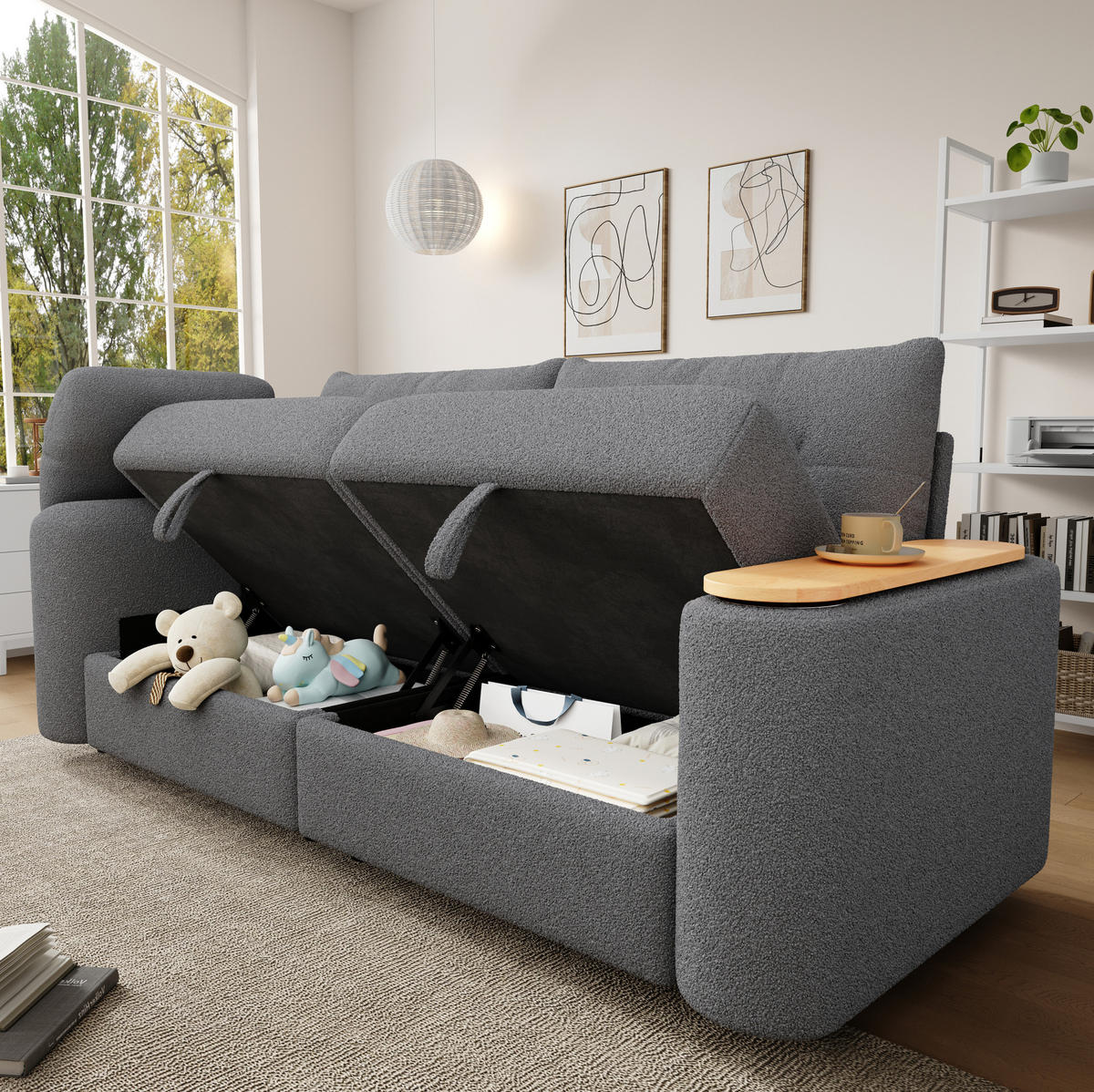 SOFA modular mit Stauraum 207,5 x 80 x 87 cm Teddy Grau 2-Sitzer - Grau, Textil (207.5/87/80cm) - IVMEU