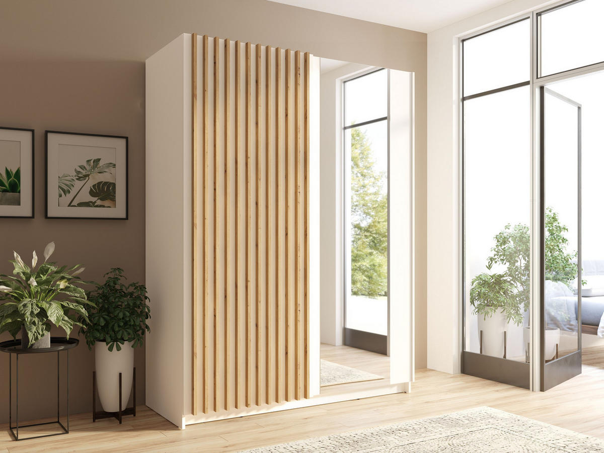 SCHWEBETÜRENSCHRANK MAREN 150,6/198,5/55cm 2-türig mit Spiegel Weiß - Eiche Artisan/Weiß, Holzwerkstoff (150.6/198.5/55cm) - MASSENO
