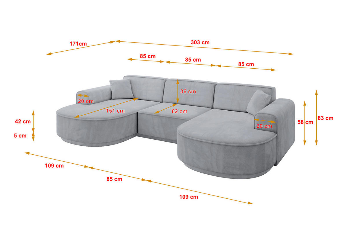 WOHNLANDSCHAFT MARI-U1-v3 - 303x171x83 cm Grau Velours - Schwarz/Grau, Holzwerkstoff/Kunststoff (303/83/171cm) - ALTDECOR