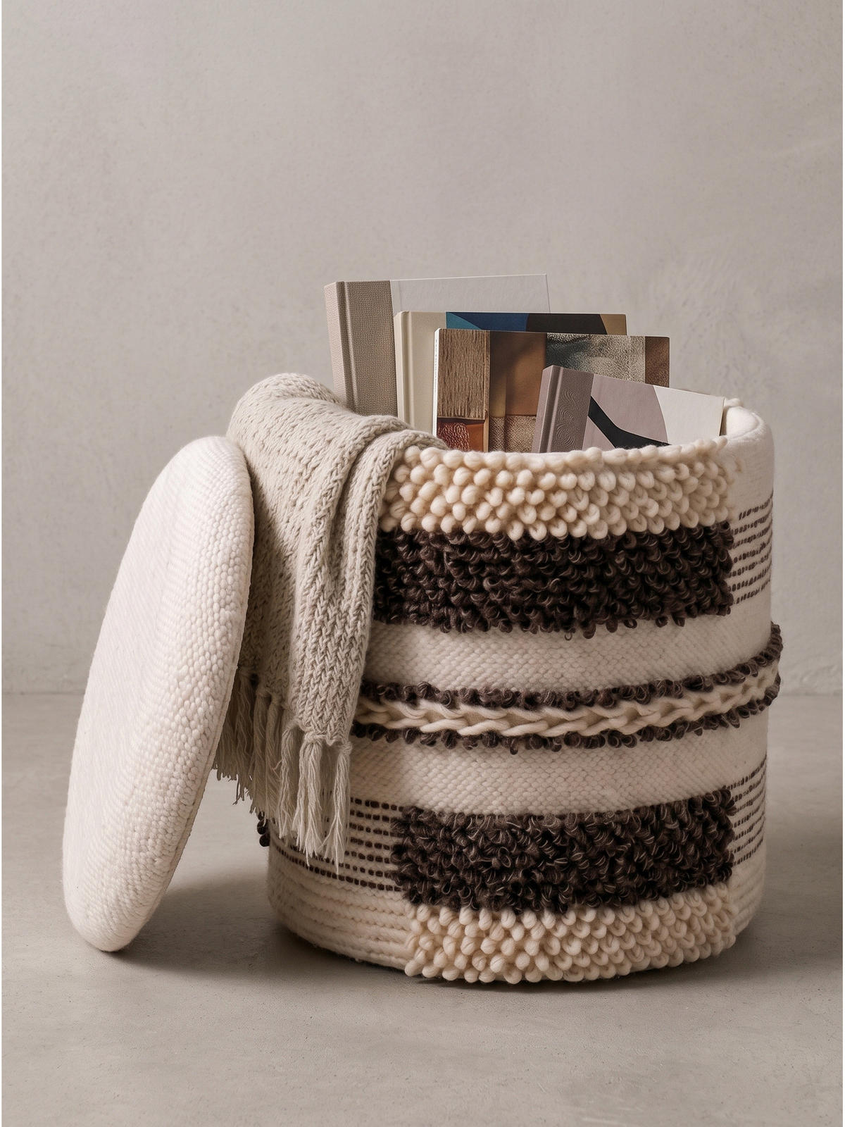 SITZHOCKER RHONE, Stoff, mit Textilbezug, mit Stauraum, Beige-Braun, Ø 40 x 45 cm - Beige/Creme, Textil (40/45/40cm) - KADIMA DESIGN