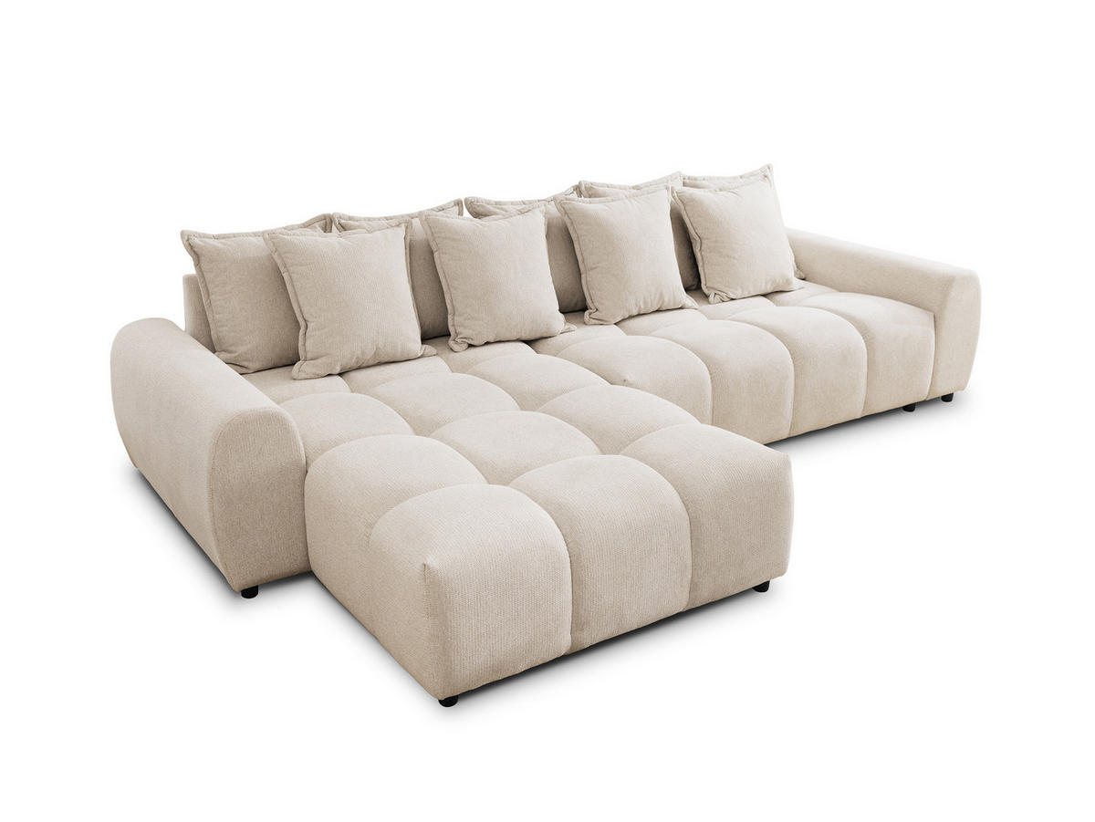 ECKSOFA Bubble mit losen Rückenkissen und Sitzfläche in Bubble-Optik aus weichem Hellbeige Strukturstoff mit schöner Sitzkomfort - Ottomane links - Beige/Schwarz, Holz/Kunststoff (180/306cm) - S-Style Möbel