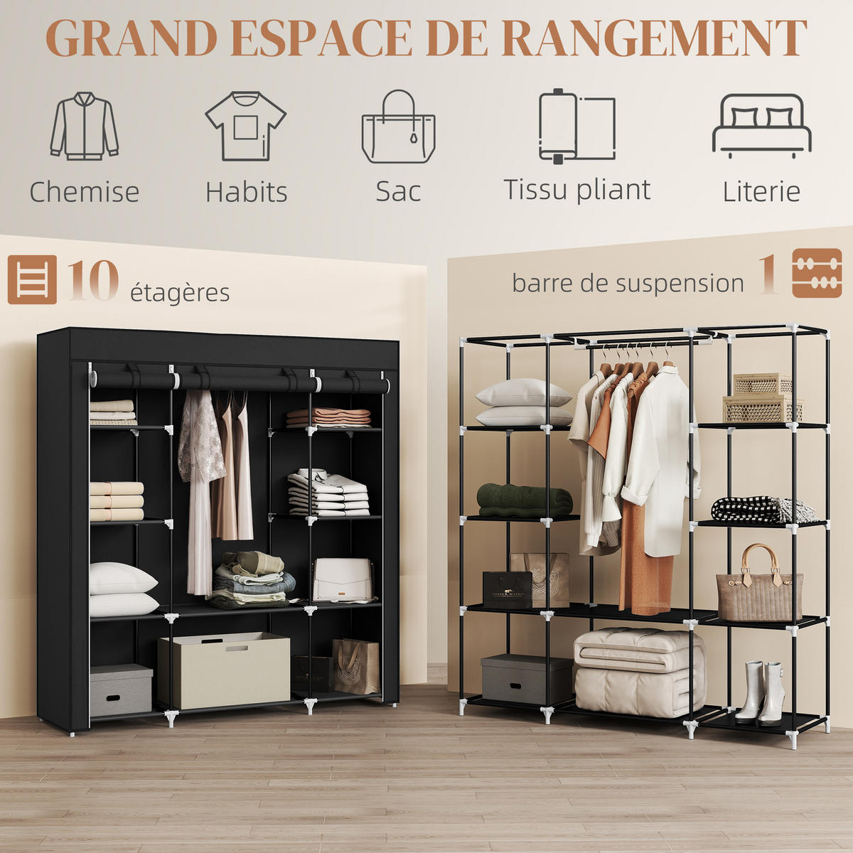 STOFFSCHRANK DE-17189 - Schwarz, Textil (43/162.5/150cm) - ComfortXL
