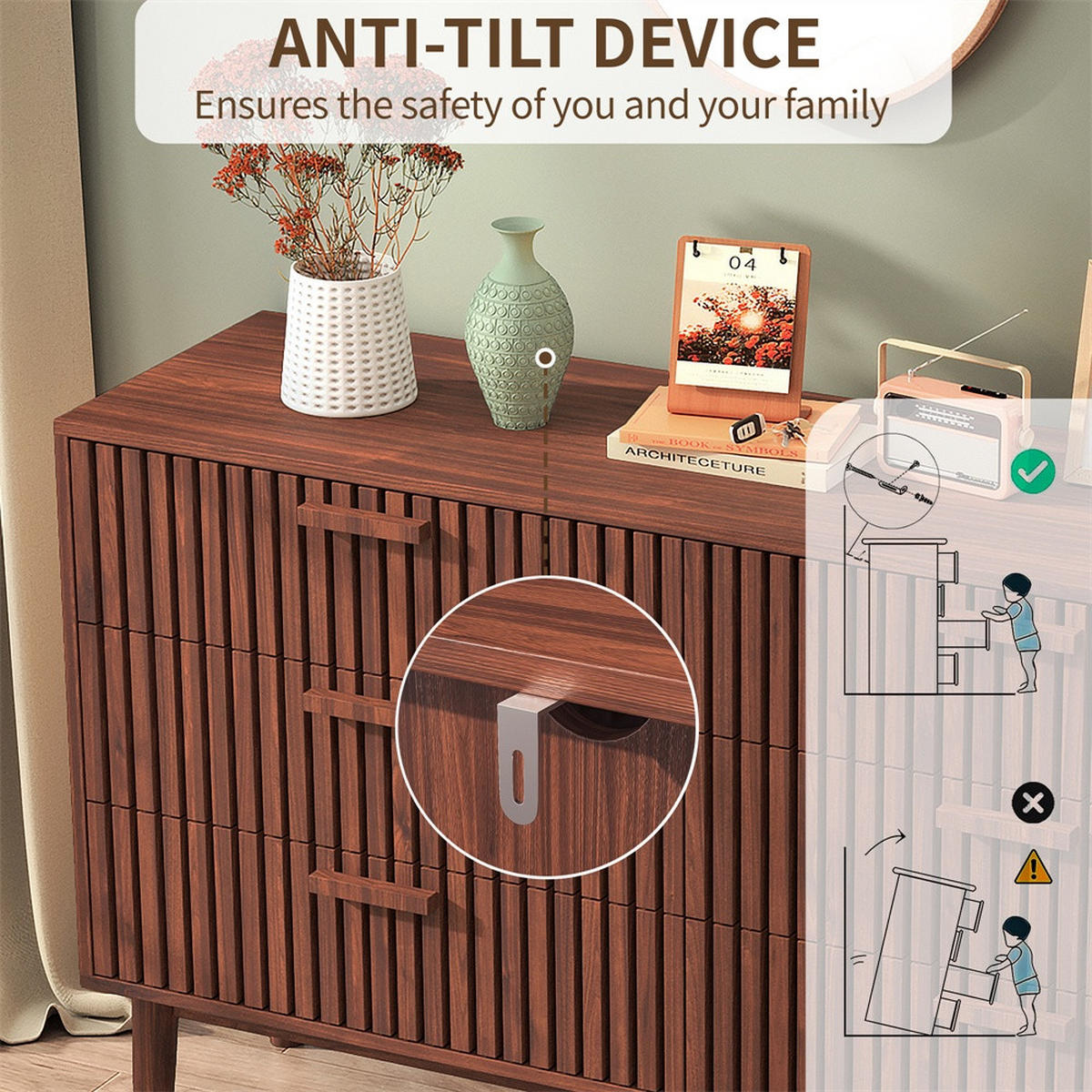 KOMMODE mit 6 Schubladen - gerillte Fronten und konische Beine - für Wohnzimmer und Schlafzimmer - Walnuss-Optik - Walnussfarben, Holzwerkstoff (100/73/34cm) - DELFA