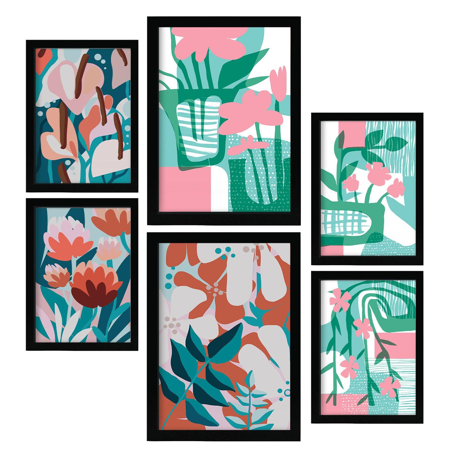 POSTER Set Mit 6 Pinkes Grün In Blume Zusammenfassung Ästhetische Dekorative Gemälde Für Ihr Wohnzimmer Schlafzimmer Zuhause A3 & A4 Schwarzer Rahmen - Schwarz, Papier (29/3cm) - Nacnic
